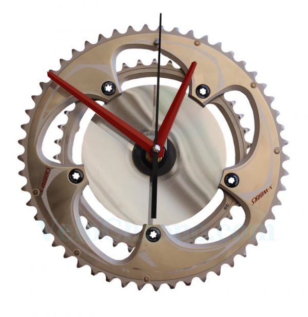 velo horloge murale, velo design, cyclisme, velo cadeau, eco-horloge, bike clock, cycling, ecofriendly gift, Specialized S-Works, recycled bicycle gear desk clock, upcycled clock, bicycle clock, cycling gift,